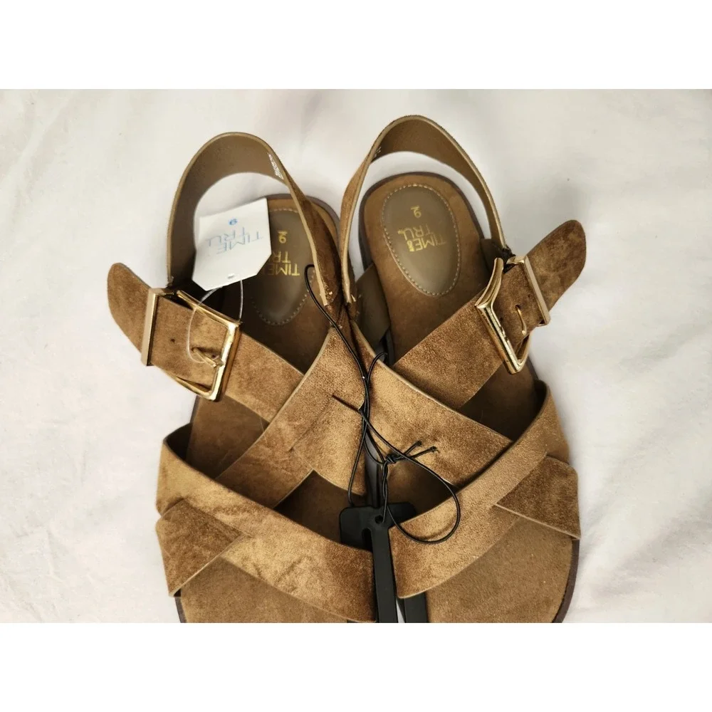 Time and Tru Womens Sandals Size 9 Olive Faux Suede Strappy Buckle Flat New NWT